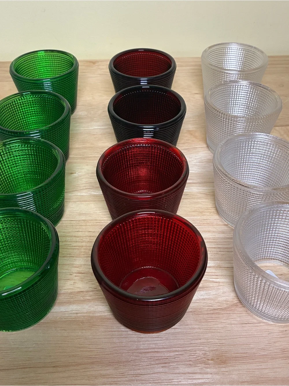 12 Crate and Barrel Waffle Glass Votive Candle Holders Christmas Red Green Clear